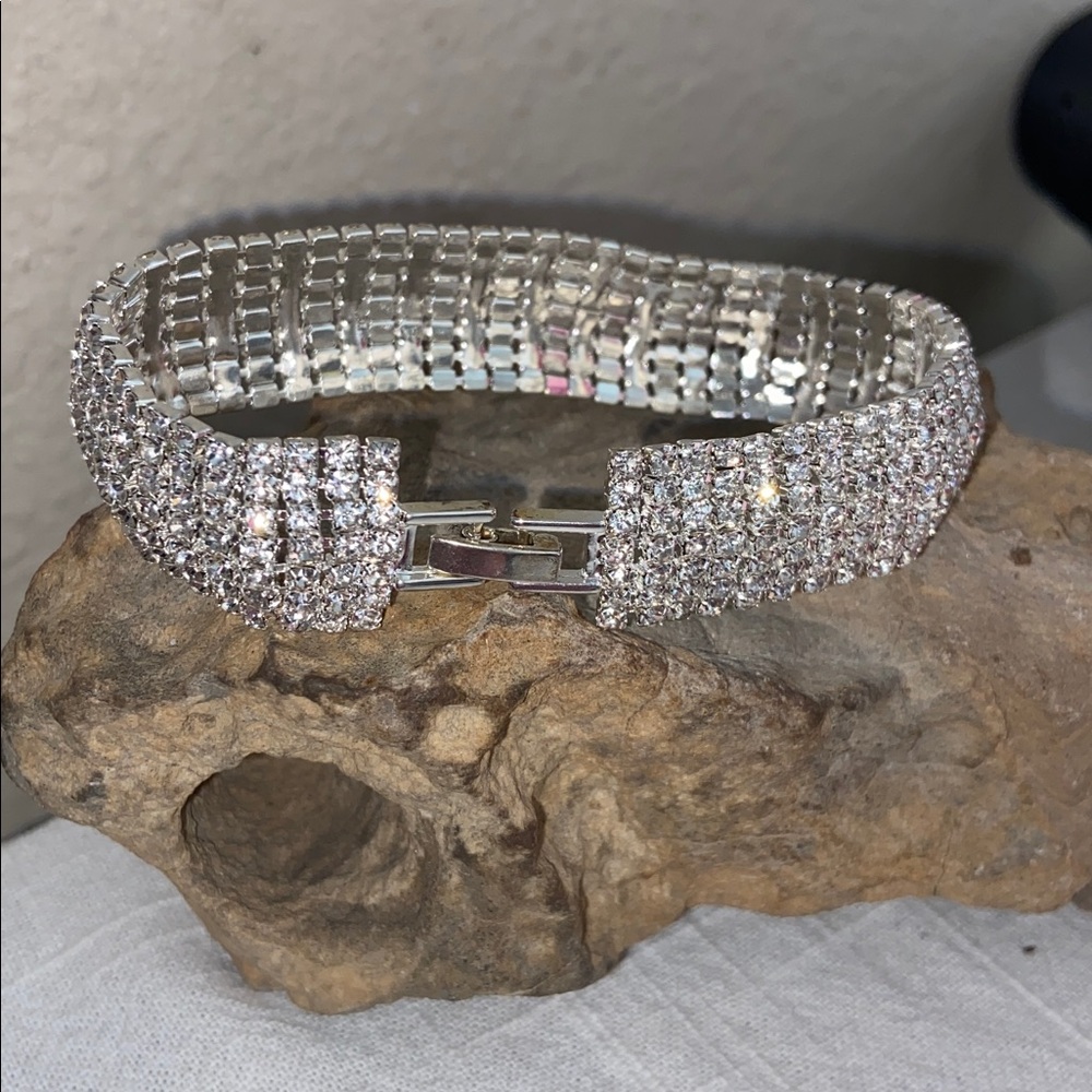 NEW Thick Silver Tone Zinc Alloy Prong Set RHINESTONED MESH Tennis Bracelet